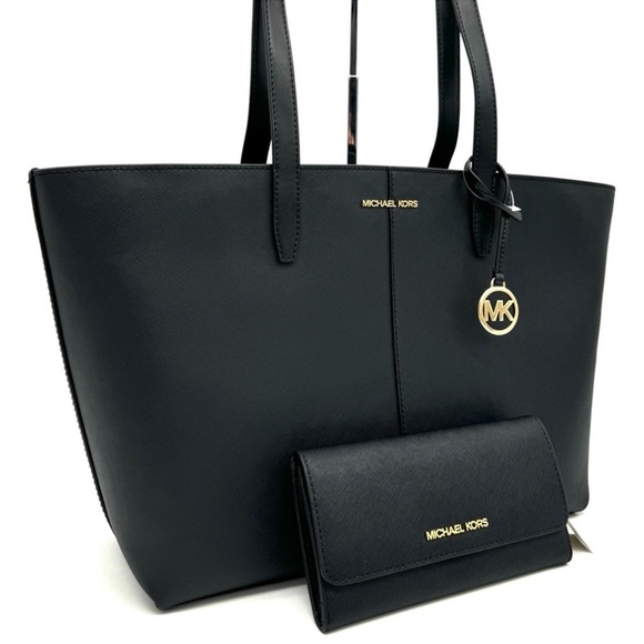 Michael Kors Medium Jet Set Travel Zip Tote Bag & Trifold Wallet Black/Gold - Picture 3 of 13